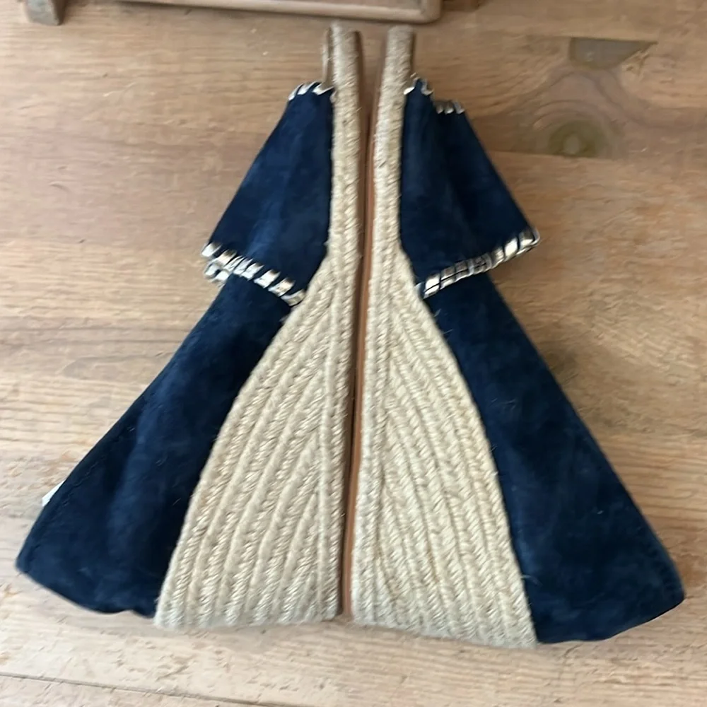 Jack Rogers Palmer Wedge Espadrilles Blue Suede Gold Trim Size 10 Peep Toes